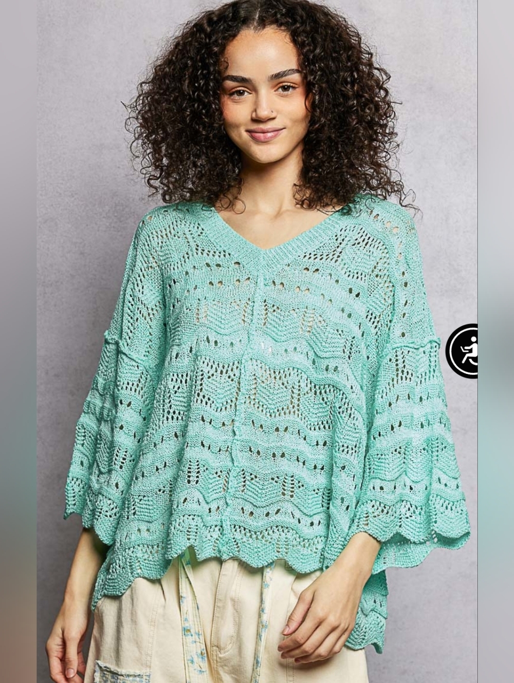POL turquoise open-knit V-neck sweater